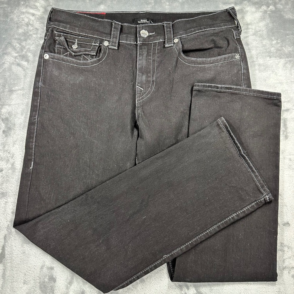 True Religion Ricky Relaxed Straight Black Jeans White Stitch 32 16364N32R2
